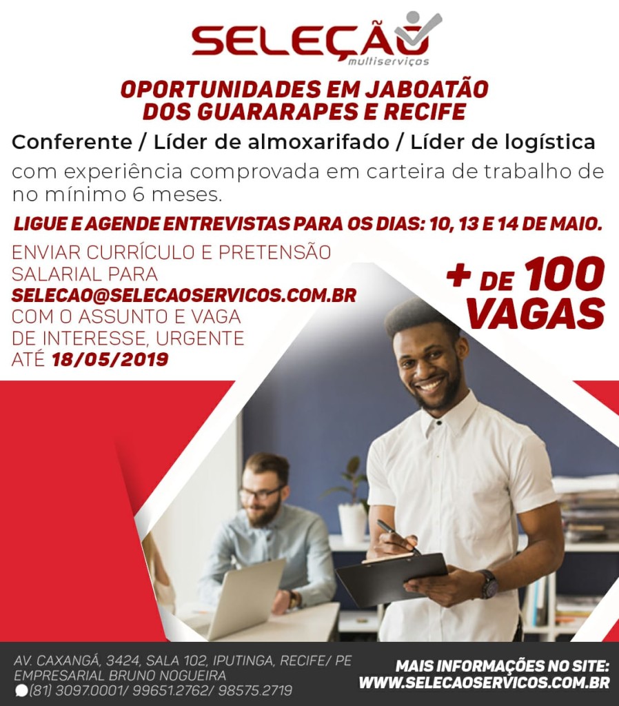 Oportunidade para Conferente/ Líder almoxarifado/ líder de logística em Jaboatão dos Guararapes e Recife